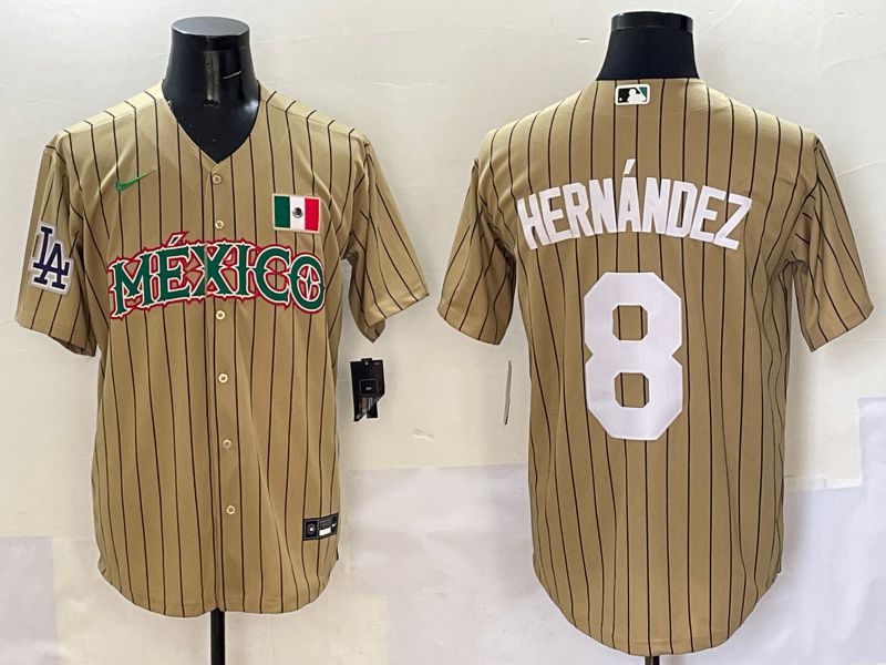 Men Los Angeles Dodgers #8 Hernandez Brown Stripe Mexico Joint Name 2025 Nike MLB Jersey style 7->chicago cubs->MLB Jersey